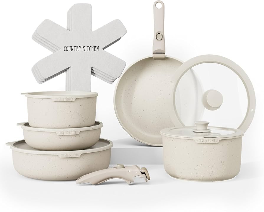Country Kitchen Cookware Set with Removable Handle, Oven & RV Safe Pots and Pans Set, Cream, Orig... | Amazon (US)