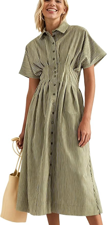 Women Striped Button Down Pleated Shirt Dress Summer Short Sleeve Ruffle A Line Swing Long Blouse... | Amazon (US)