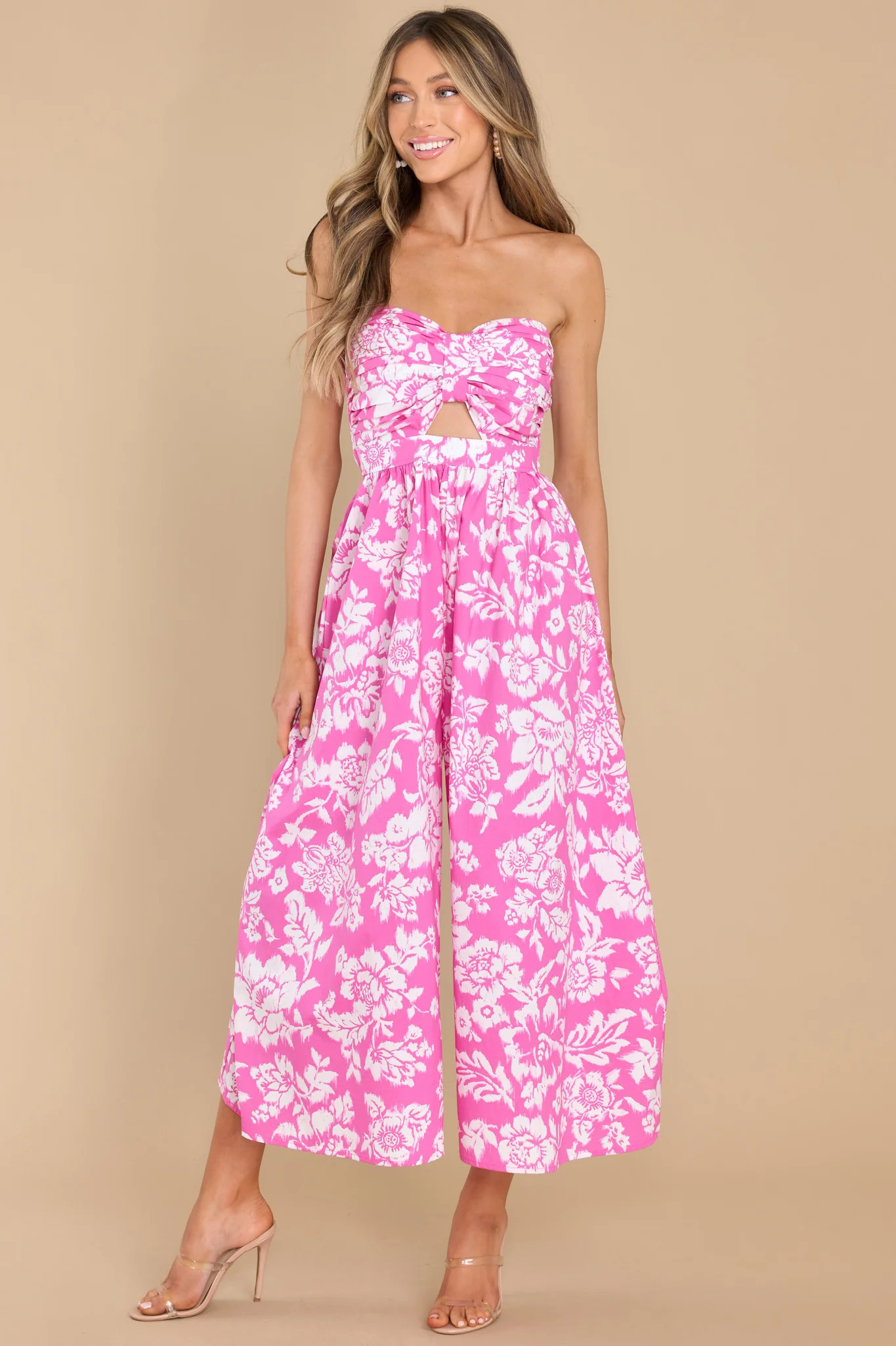 Living In The Sun Pink Floral Print Jumpsuit | Red Dress 