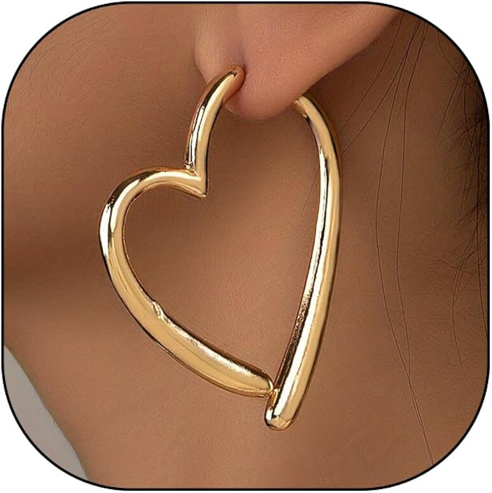 Gold Heart Asymmetrical Earrings for Women Large Heart Shaped Hoop Dangle Earrings Minimalist 80s... | Amazon (US)