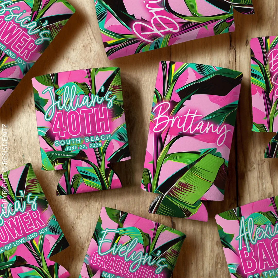 Custom Cozie Wedding Favors - Neon Tropical Palm & Banana Leaf Can Coolers - Personalized Cozies | Etsy (US)