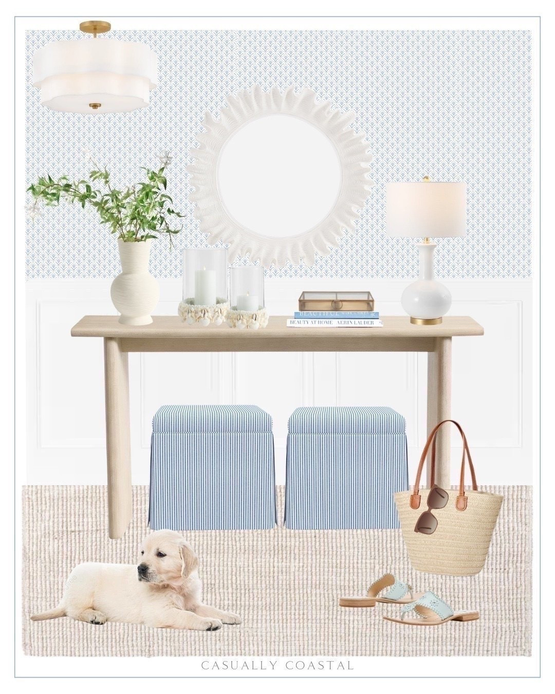 Coastal Entryway Design

Coastal home, entryway decor, coastal rug, entryway rug, coastal console table, entryway table, pottery barn console table, upholstered storage ottoman, blue and white striped ottoman, wayfair home decor, coastal mirror, round mirror, wayfair wallpaper, coastal floral wallpaper, wayfair rug, neutral rug, jute solid color rug, coastal lamp, semi flush mount, wayfair lighting, jasmine branch, pottery barn vase, shell hurricane candle holder, brass and glass display box, Amazon coastal book, beautiful shells book, straw beach bag, Amazon beach bag, quay sunglasses, blue sandals, Jack Rogers sandals

#LTKHome