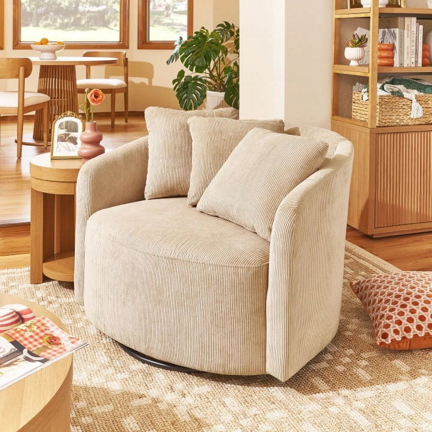 Beautiful by Drew Barrymore Boucle Swivel Accent Chair with 3 Accent Pillows Cream Fabric Upholstery | Walmart (US)
