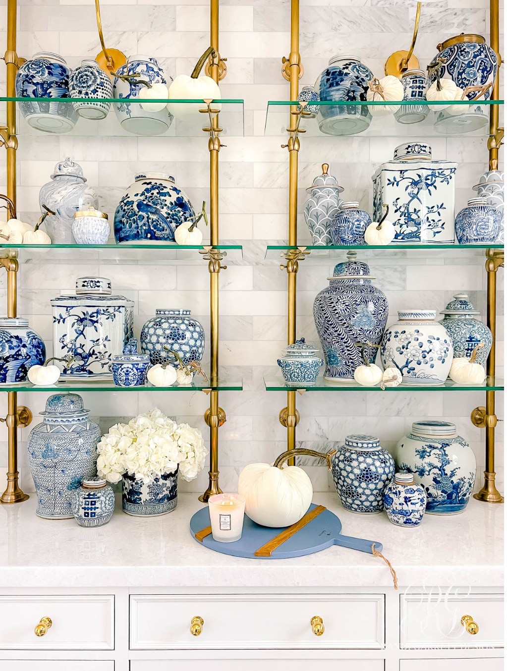 Blue and white fall decor. Love these white velvet pumpkins and ginger jars together

#LTKHome #LTKSeasonal