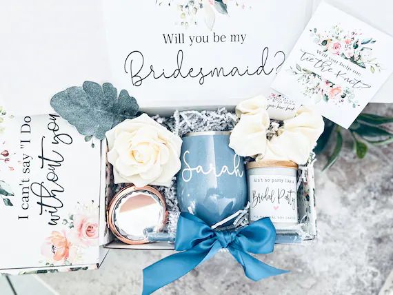 Dusty Blue Bridesmaid proposal box Bridesmaid gift bridal party scrunchie candle I can't say I do... | Etsy (US)