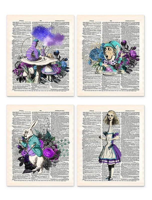 Alice in Wonderland Wall Art, 8x10 Set of 4 UnFramed Decor Prints in Blue Tones. On Upcycled Vint... | Amazon (US)