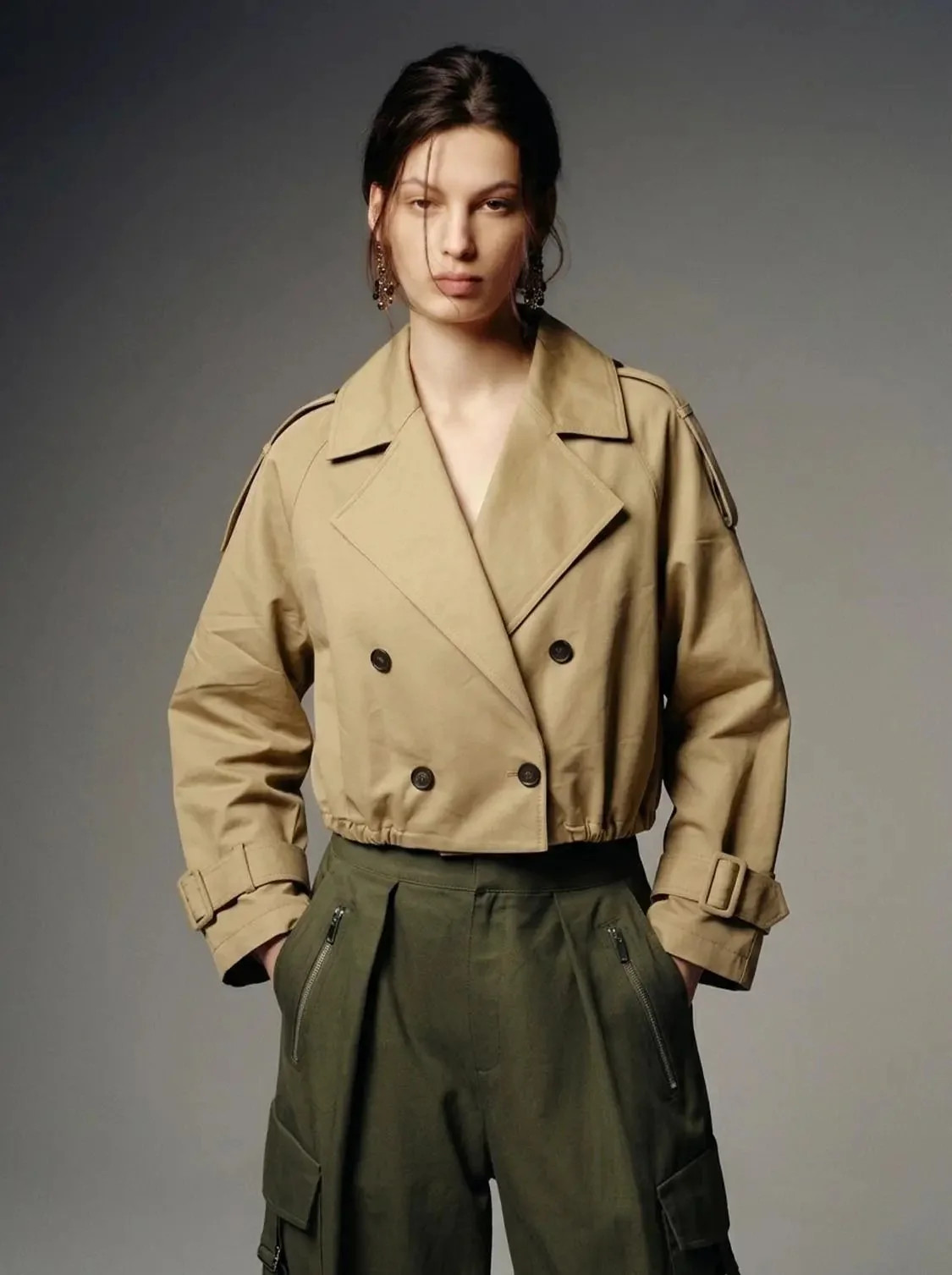Lapel Double Breasted Cropped Cotton Trench Jacket | Urban Revivo