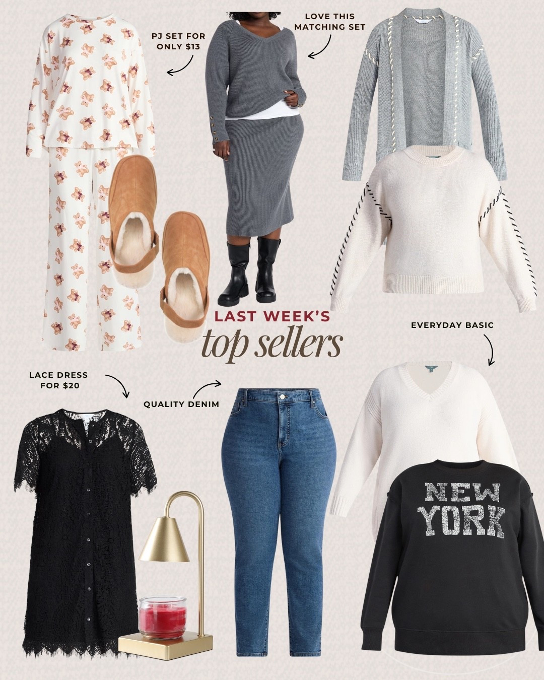 Last week’s top sellers are in! I am loving the matching grey set, cute pajamas, and size inclusive denim jeans. I also think that the slippers and candle warmer would be great last minute gift ideas! 

#LTKHoliday #LTKGiftGuide #LTKFindsUnder100