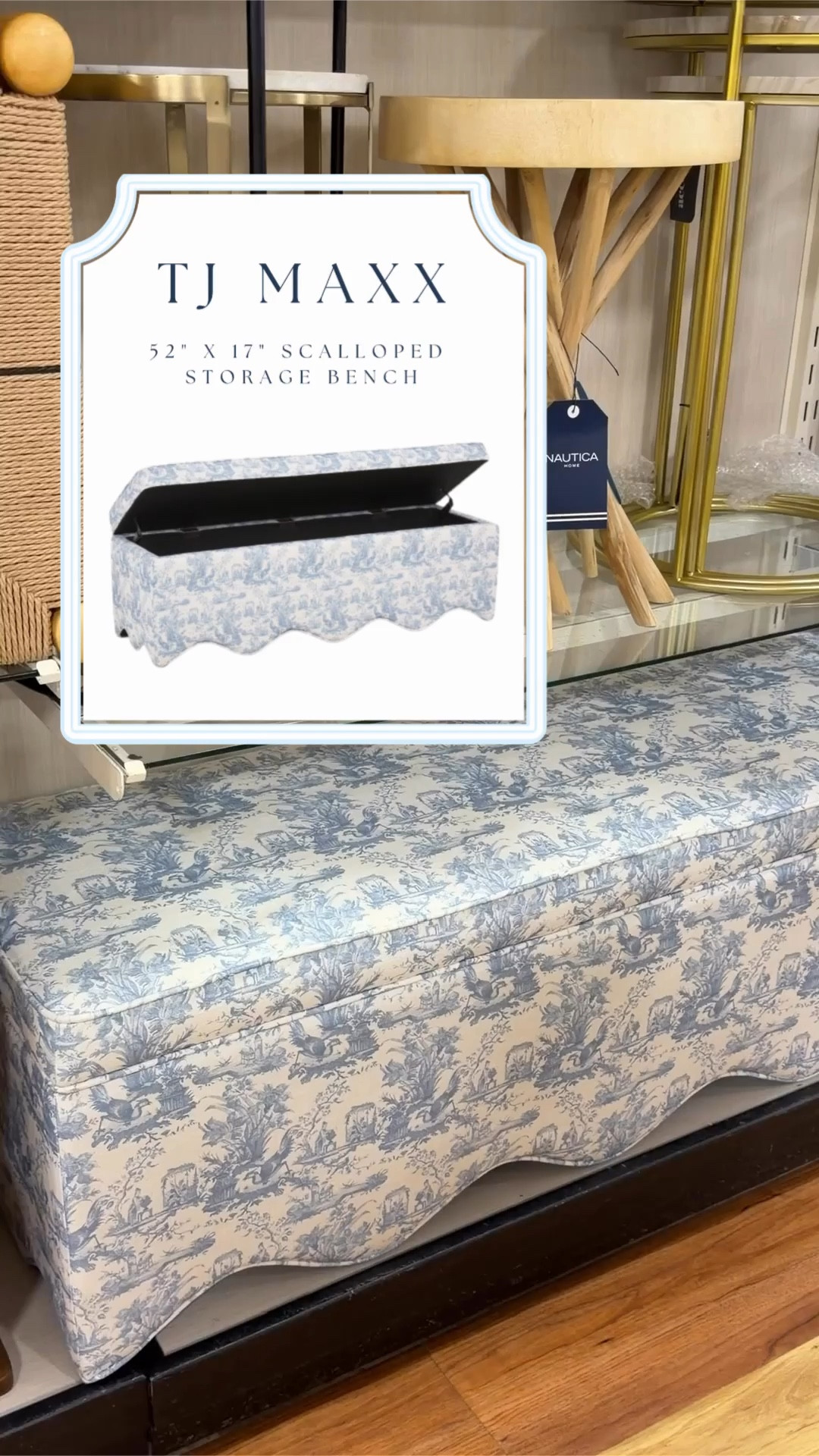 LILLIAN AUGUST
52x17 scalloped base storage bench

scalloped base, hinged cushion top opens to a spacious storage compartment, chinoiserie design
52in W x 17in H x 17in L
fill: polyurethane foam/polyester fiber batting

@TJ Maxx 

#LTKHome