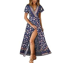 TEMOFON Women's Wrap Dresses Bohemian Floral Printed Summer Casual Short Sleeve V-Neck High Split... | Amazon (US)
