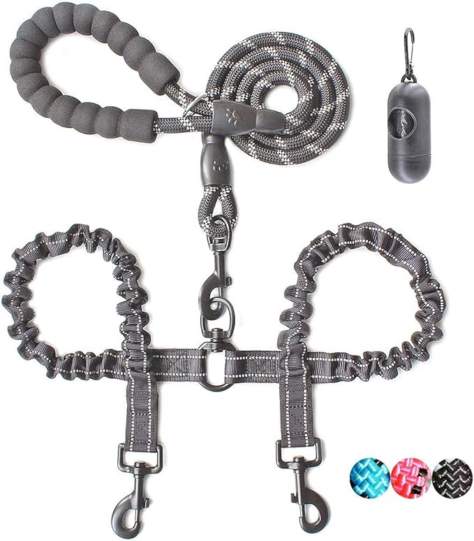 BAAPET Double Dog Leash, 4 FT Rope Dog Leash with Tangle Free Shock Absorbing Bungee and Poop Bag... | Amazon (US)