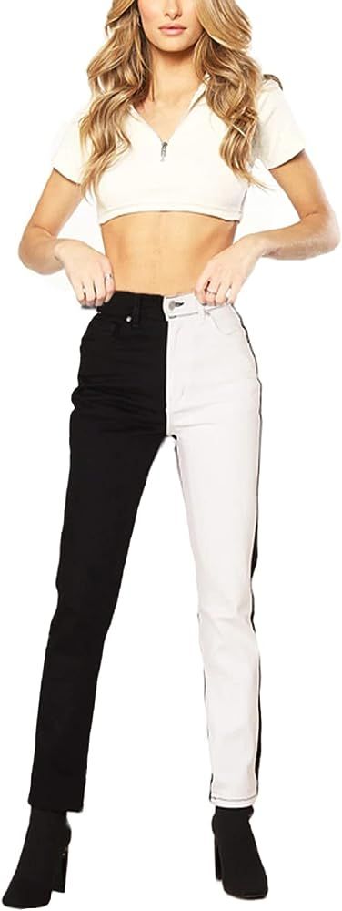 Ufehaho Women's High Waist Two Tone Color Block Jeans Straight Leg Stretchy Denim Pants | Amazon (US)