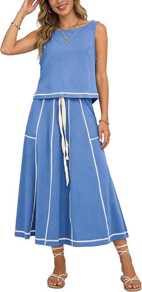 Women\u2019s 2 Piece Cotton Skirt Set Sleeveless Draped Tank Top Drawstring Midi Skirt Y2K Lounge... | Amazon (US)
