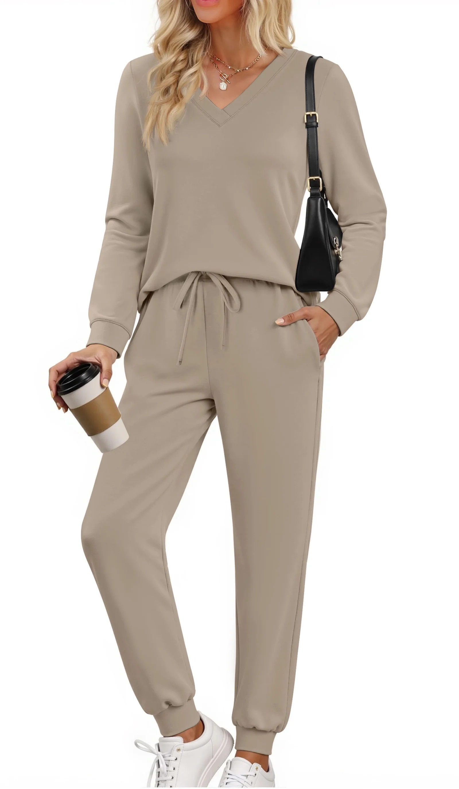 Fantaslook Two Piece Sets for Women Fall Outfits Fashion Lounge Sets V Neck Tops and Jogger Pants... | Walmart (US)