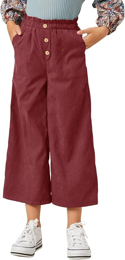 Beautife Kids Girls Pant Loose Elastic Ruffle Waist Straight Wide Leg Long Casual Trousers with P... | Amazon (US)