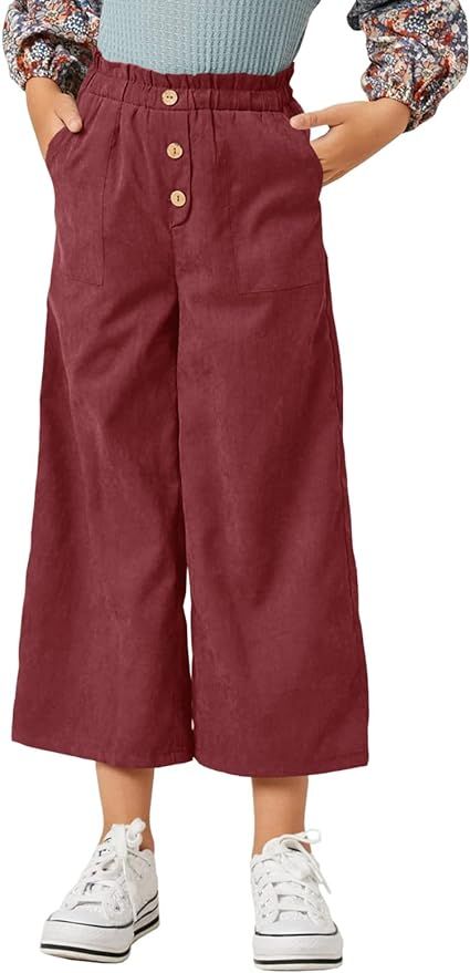 Beautife Kids Girls Pant Loose Elastic Ruffle Waist Straight Wide Leg Long Casual Trousers with P... | Amazon (US)