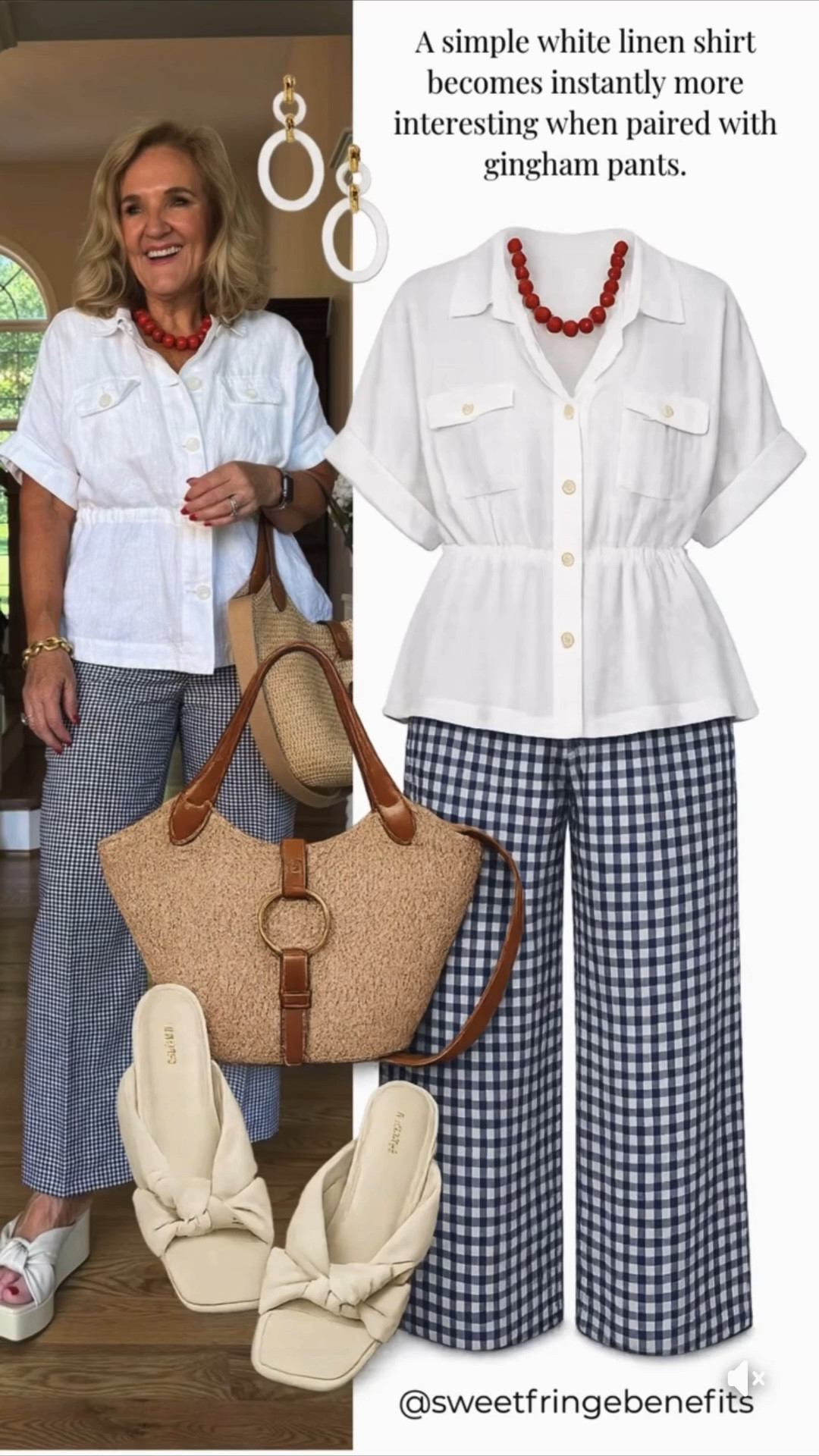 Pants size 6 reg 
Top medium petite 
A classic white linen shirt gets an instant update when paired with gingham pants. Add a pop of red with bold accessories, a woven tote, and platform slides for a polished summer outfit that's perfect for brunch, vacation, or lunch with friends.

#LTKootd #LTKSeasonal #LTKOver40