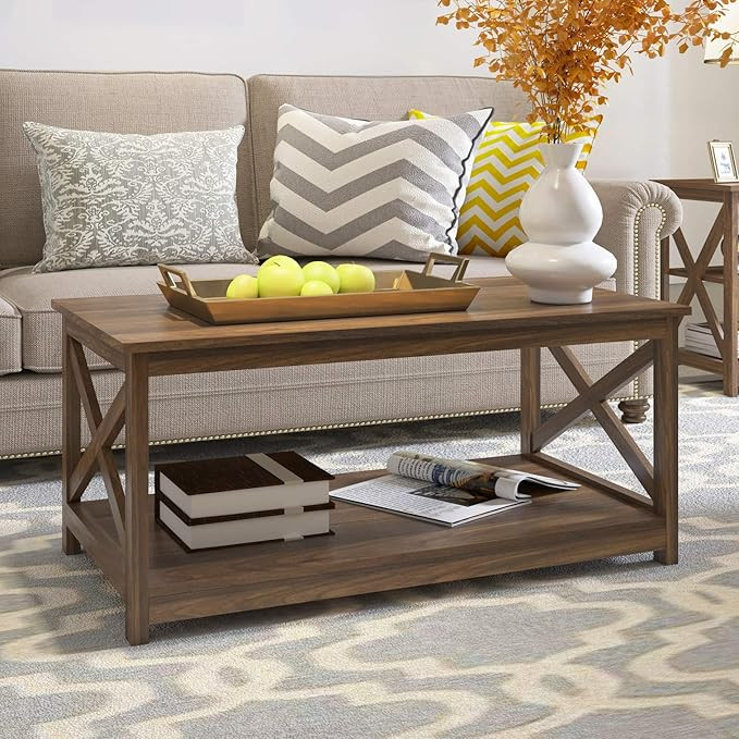 Rainbow Sophia Coffee Table, Modern Farmhouse Wood Coffee Table with 2-Tier Storage, 40 Inch, Dar... | Amazon (US)