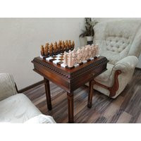 Wooden Chess Table ""Battle For Kings"" Ombre Color, Super Gloss, Two Drawers Pieces, Ash, Maple Wood, Handmade, Anniversary Christmas | Etsy (US)