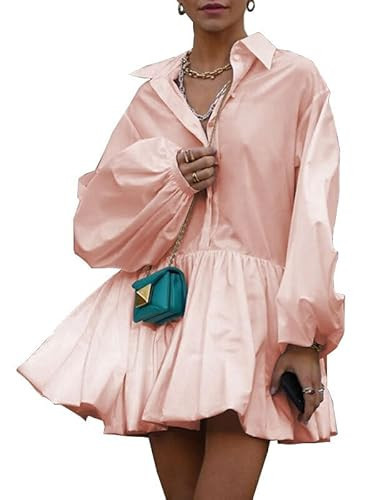 UOOZEE Women's Puff Sleeve Mini Dress 2025 Cute A-Line Babydoll Dresses Lapel Collar V Neck Shirt Dress, Pink, M | Amazon (US)