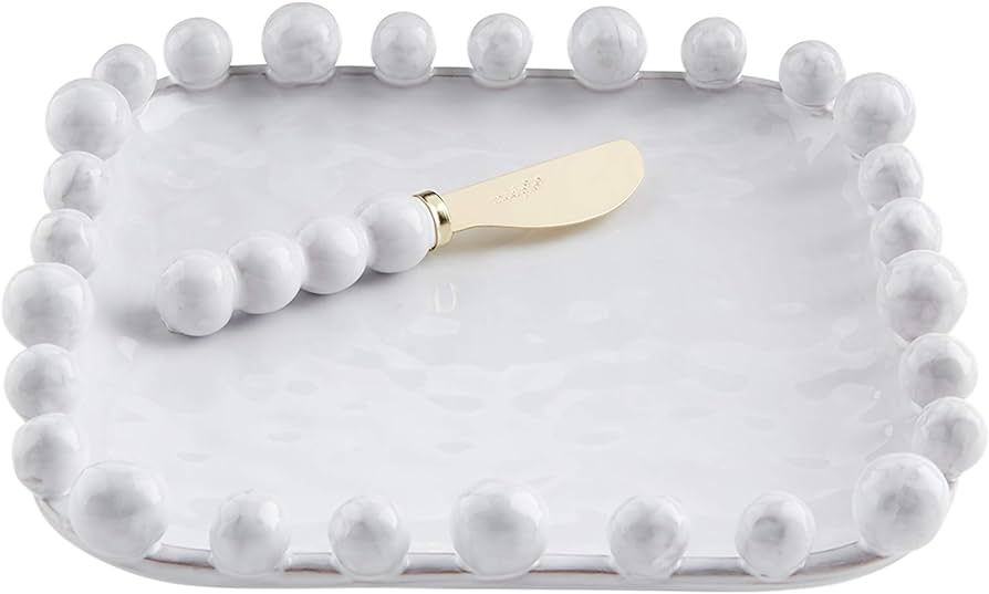 Mud Pie Beaded Boxed Cheese Set, plate 9" x 9" | spreader 6 1/2", White | Amazon (US)