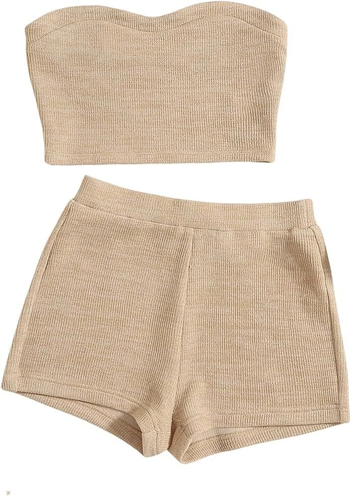 Women's 2 Piece Outfit Ribbed Crop Bandeau Tube Top and Biker Track Shorts Sets | Amazon (US)