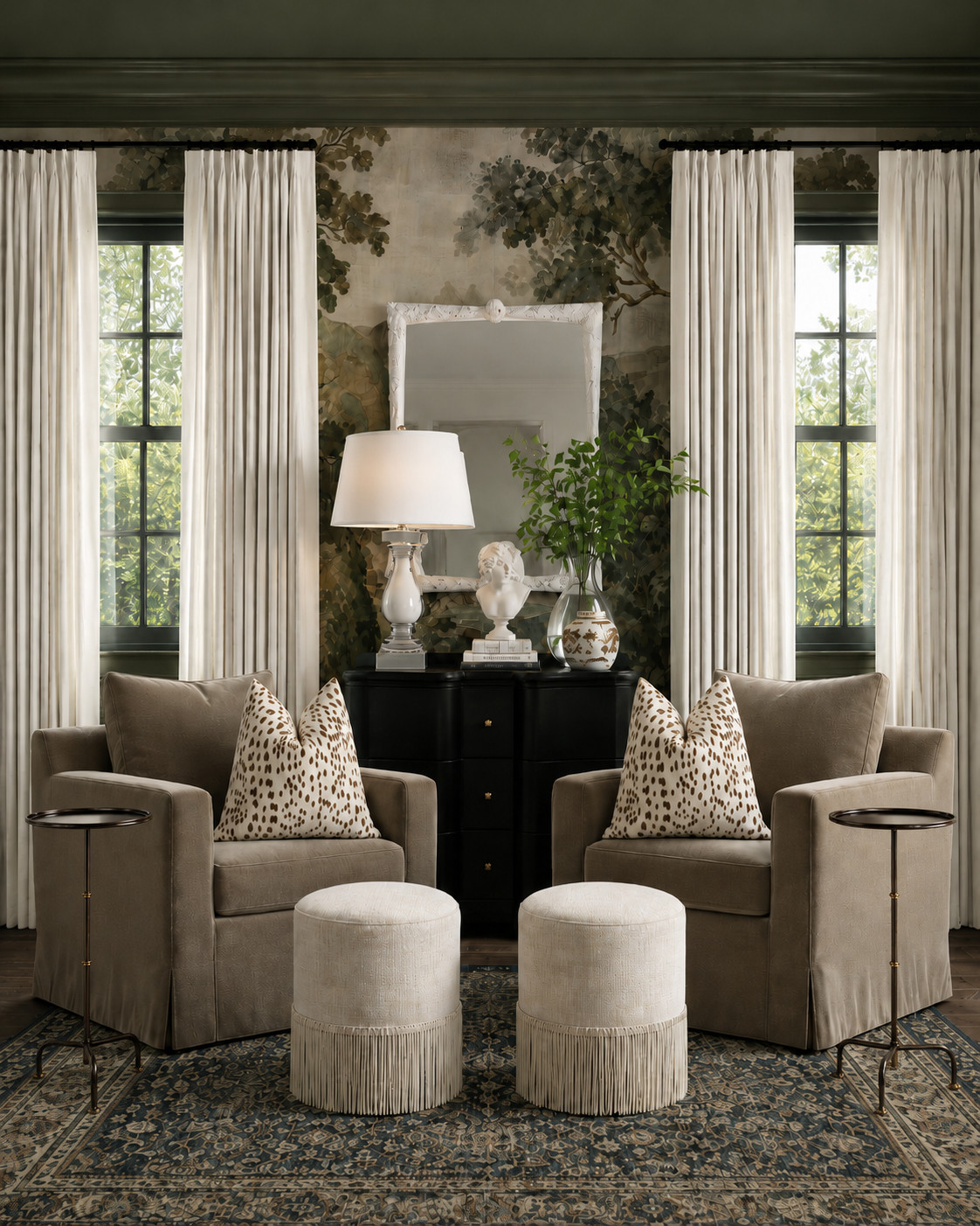 Moody classic sitting room moment 🌿

I love how the scenic wallpaper, olive green ceiling, tailored pleated curtains, and vintage-inspired rug make this feel collected without being too busy. The skirted chairs keep it soft, the black chest grounds the space, and the metal drink tables add just the right amount of contrast.

Linked a few pieces to help recreate the look — from the spotted pillows to the fringe ottomans and traditional rug.

I may receive a commission when you shop through my links. 

 #LTKHome
