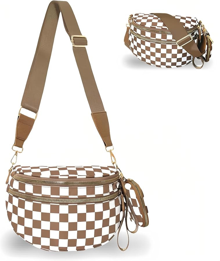 Checkered Crossbody Bum Bags for Women, Nylon Sling Bags with Shoulder Strap, Large Capacity Chec... | Amazon (US)