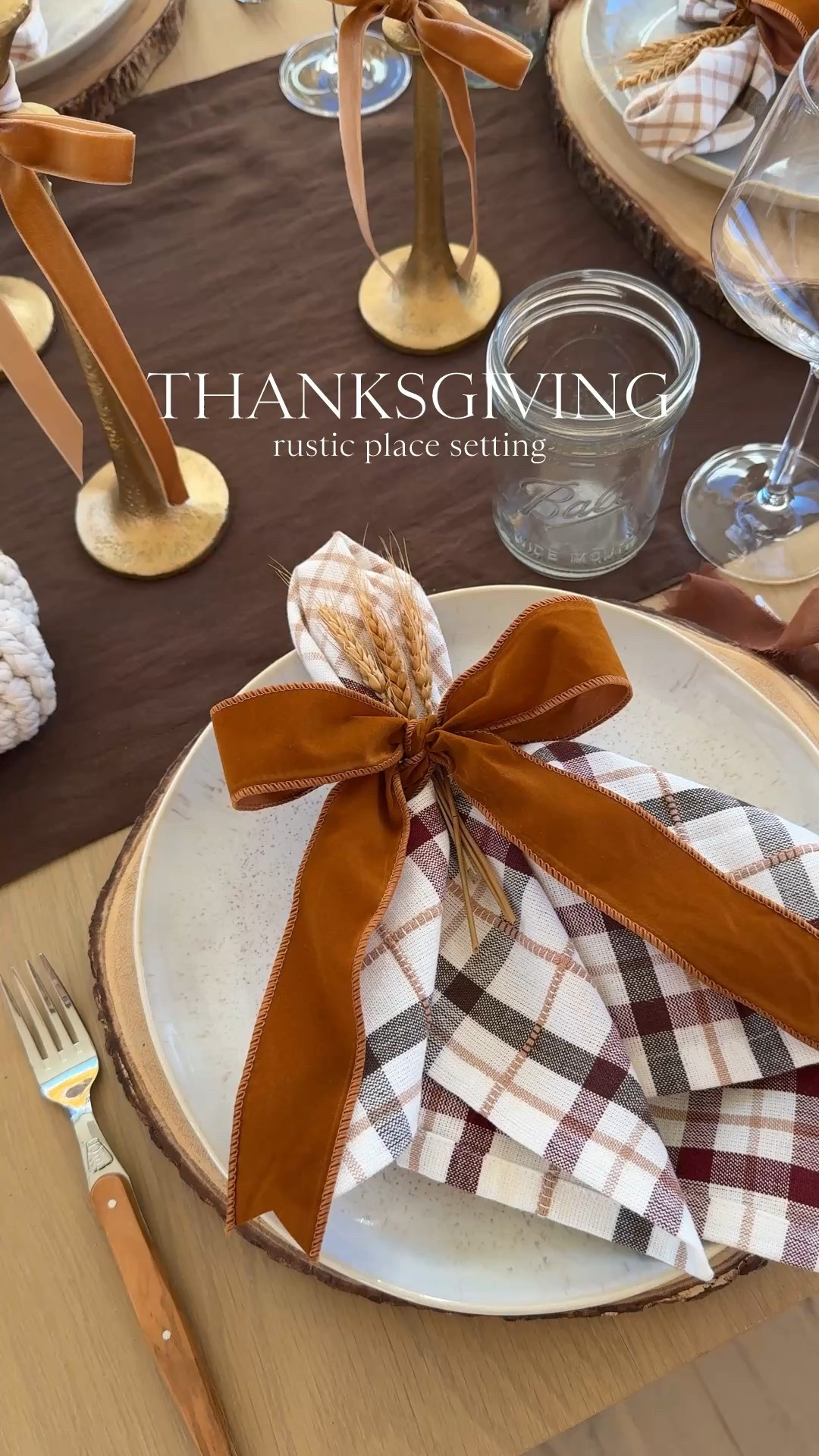 THANKSGIVING \ a closer look at this year’s rustic place setting🌾 Here’s what I used👇🏻
+ wood charger 
+ ceramic dinner plate
+ plaid napkin
+ wheat grasses
+ velvet bow
+ olive wood flatware
+ mason jar
+ wine glass
+ thankful name card 

Home
Entertaining 

#LTKHoliday #LTKSeasonal #LTKHome