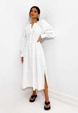 White Satin Plunge Midi Shirt Dress | Missguided (US & CA)