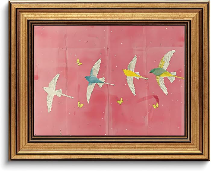 Gold Framed Vintage Wall Art Bird Canvas Pink Prints for Girls Room 8x10in | Amazon (US)