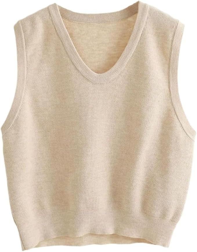 Women's Spring Autumn Vintage Knitted Sweater Vest O-Neck Sleeveless Solid Vest | Amazon (US)