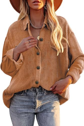 ZOLUCKY Womens Shacket Corduroy Jacket Button Down Shirts Casual Long Sleeve Jacket Shacket Boyfriend Blouses Tops, Light Coffee Medium | Amazon (US)
