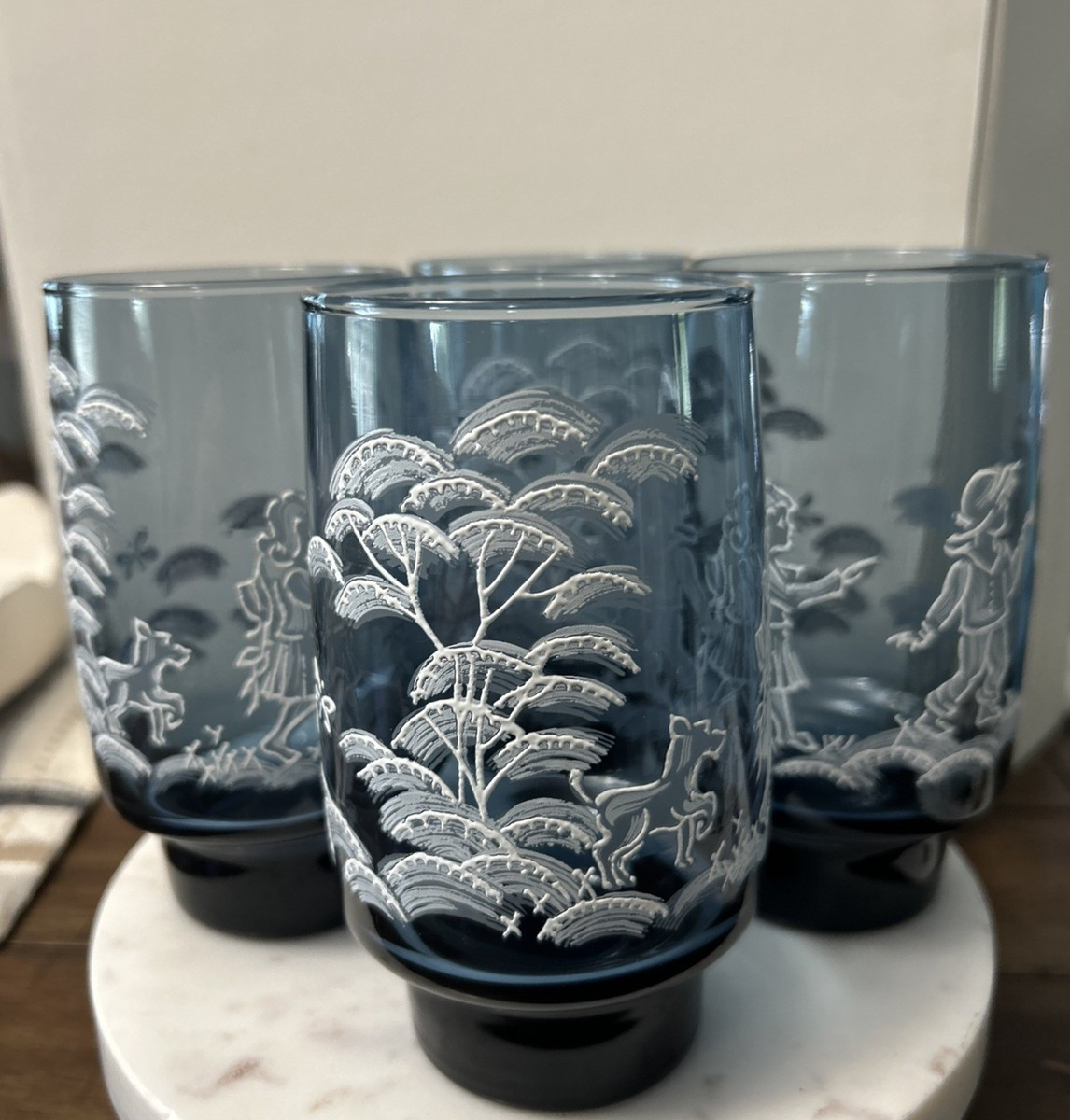 Vintage Libbey Smoke Blue "Mary Gregory" Style Glasses Set Of 4 Boy, Girl, Dog  | eBay | eBay US