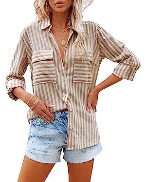 OMSJ Women's Striped Button Down Shirts Casual Long Sleeve Stylish V Neck Blouses Tops with Pocke... | Amazon (US)