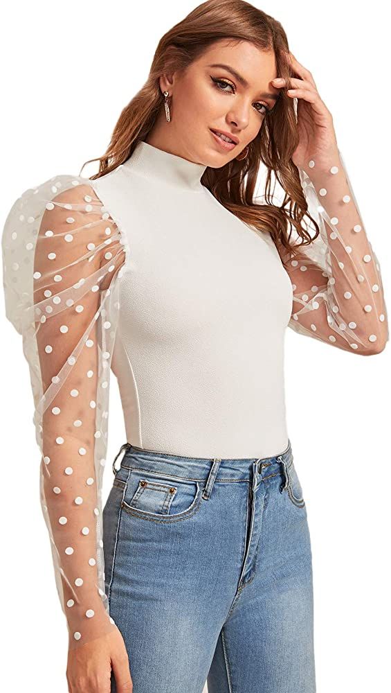 Women's Mock Neck Polka Dots Puff Sleeve Blouse Tops | Amazon (US)