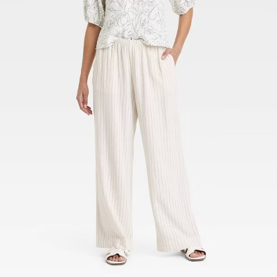 Women's Mid-Rise Wide Leg Linen Pull-On Pants - A New Day™ White Striped M | Target