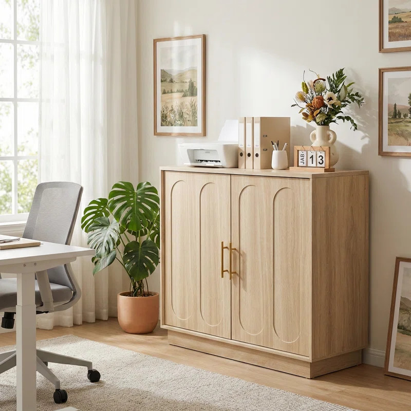 31.5" Modern 2 Door Storage Cabinet, Light Oak Sideboard Buffet Cabinet With Gold Handles, Fluted... | Wayfair North America