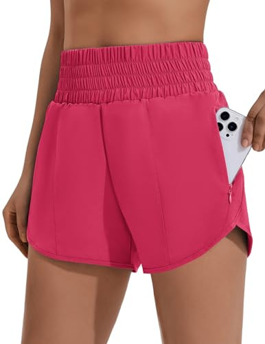 PINSPARK Running Shorts Women Athletic Workout Gym Short Quick Dry Elastic High Waist Sports Summer Wear with Zip Pockets, Hot Pink, Medium | Amazon (US)