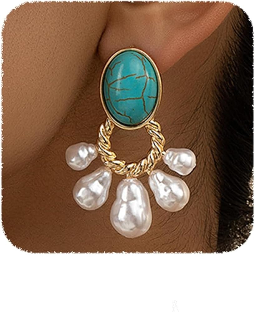 YERTTER Dainty Turquoise Faux Pearl Earrings Vintage Statement Dangle Earrings Pearl Tassel Drop ... | Amazon (US)