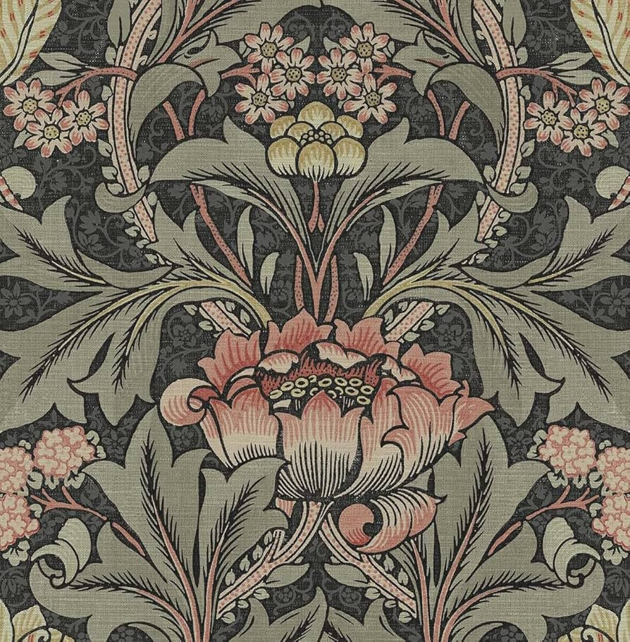 NextWall Acanthus Floral Peel and Stick Wallpaper (Charcoal & Rosewood) | Amazon (US)