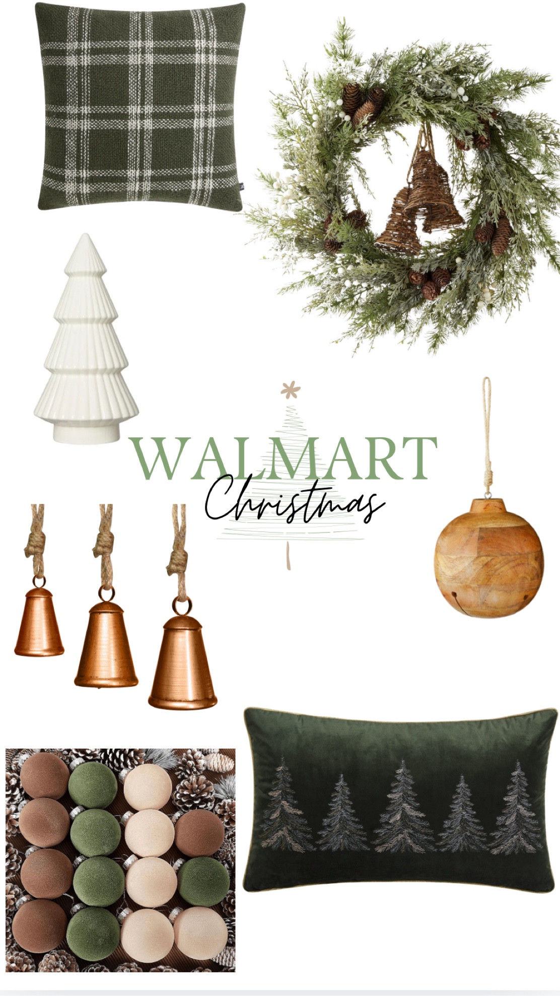 Walmart Christmas Decor finds. Cooper bells, hunter green pillows. Velvet ornaments and more 