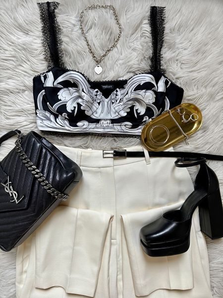 Luxury night out outfit with trendy platforms and a crop top. Black and white monochrome. 

#LTKeurope #LTKstyletip #LTKshoecrush