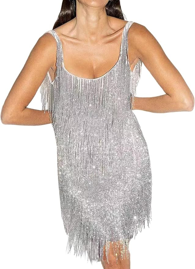 Wyeysyt Women's Sparkly Sequin Tassel Sling Dress Fringe Hem Sleeveless Halter Dress Cocktail Par... | Amazon (US)