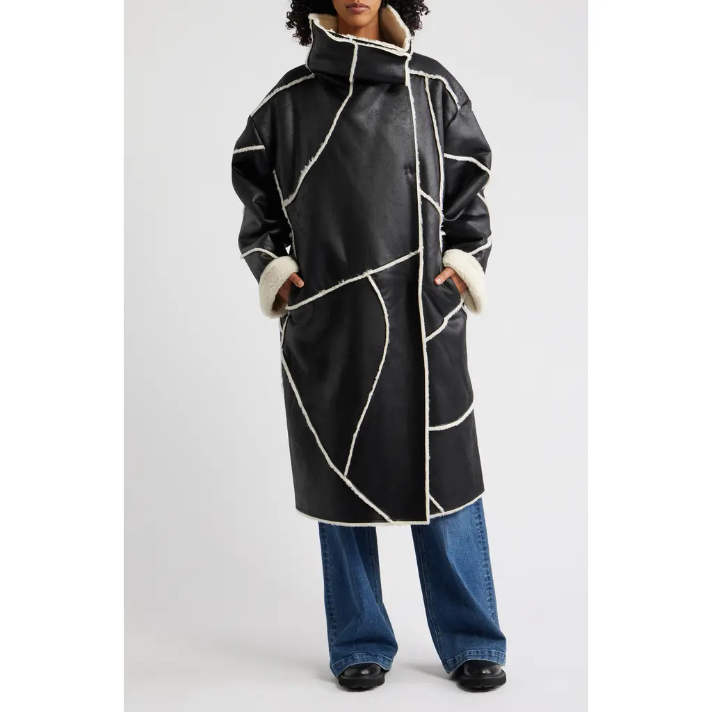 UGG(r) Emberlynn Oversize Faux Leather & LuxeFluff Long Coat in Black at Nordstrom, Size Large | Nordstrom
