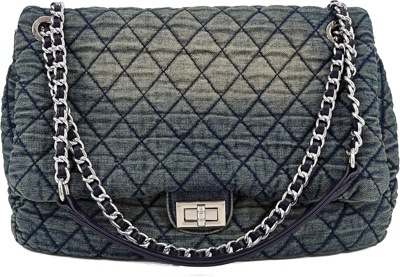 M-ioi-M Quilted Denim Purse, Shoulder Bag for Women, Crossbody Flap Tote Bag,Silver Chain Hobo Ba... | Amazon (US)