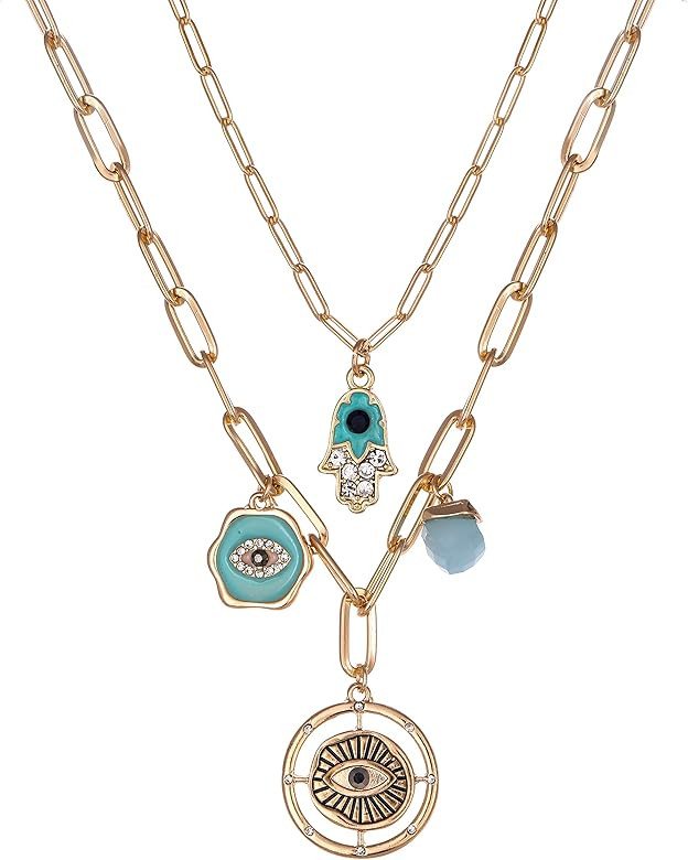 ZMNNOPPAB Layered Evil Eye Necklace and Hamsa Hand Necklace for Women,14K Gold Plated Coin Heart ... | Amazon (US)