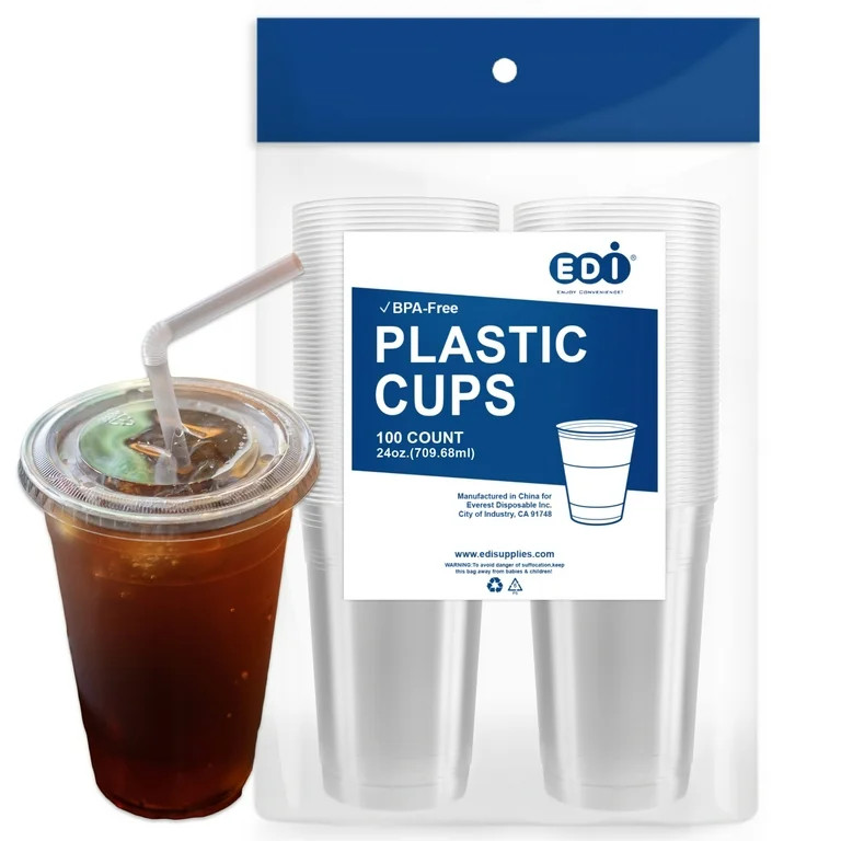 [24 oz. - 100 Sets] EDI Crystal Clear Disposable PET Plastic Cups with Flat Lids and Straws | Walmart (US)