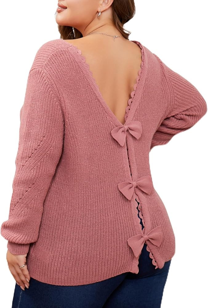 MakeMeChic Women's Plus Size 2024 Fall Sweaters Long Sleeve V Neck Scallop Trim Knot Loose Fit Knit Tops | Amazon (US)