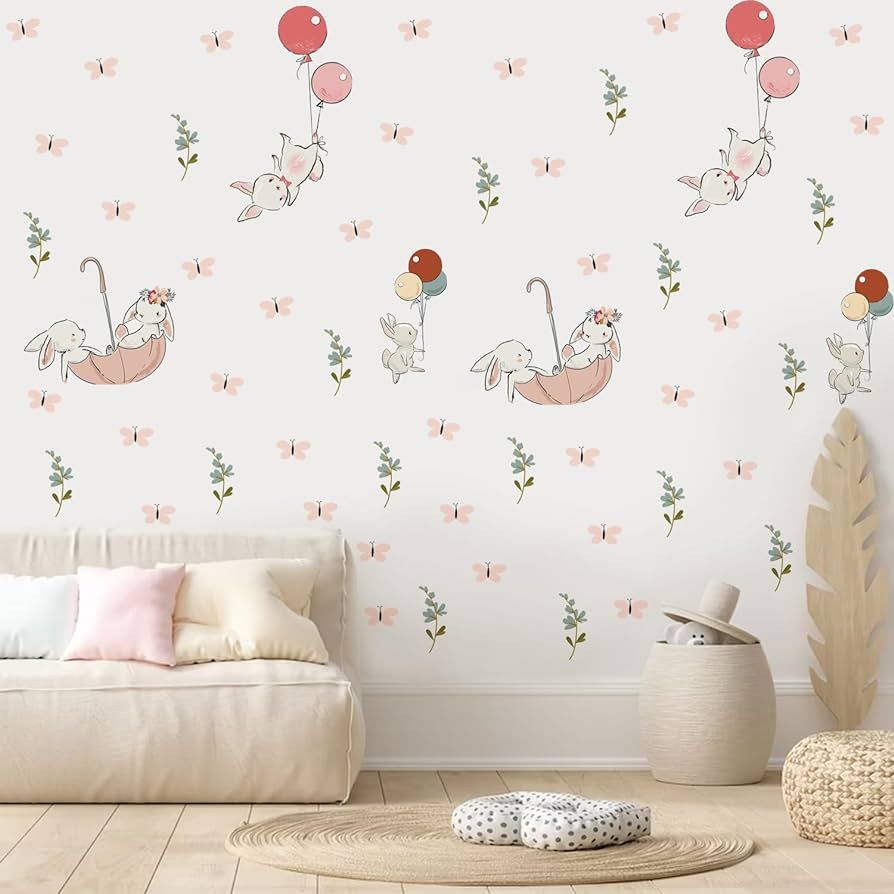 QUCHENG Rabbit Wall Decor Stickers Kids Toddler Bedroom Removable Balloon Stickers Decal Nursery ... | Amazon (US)